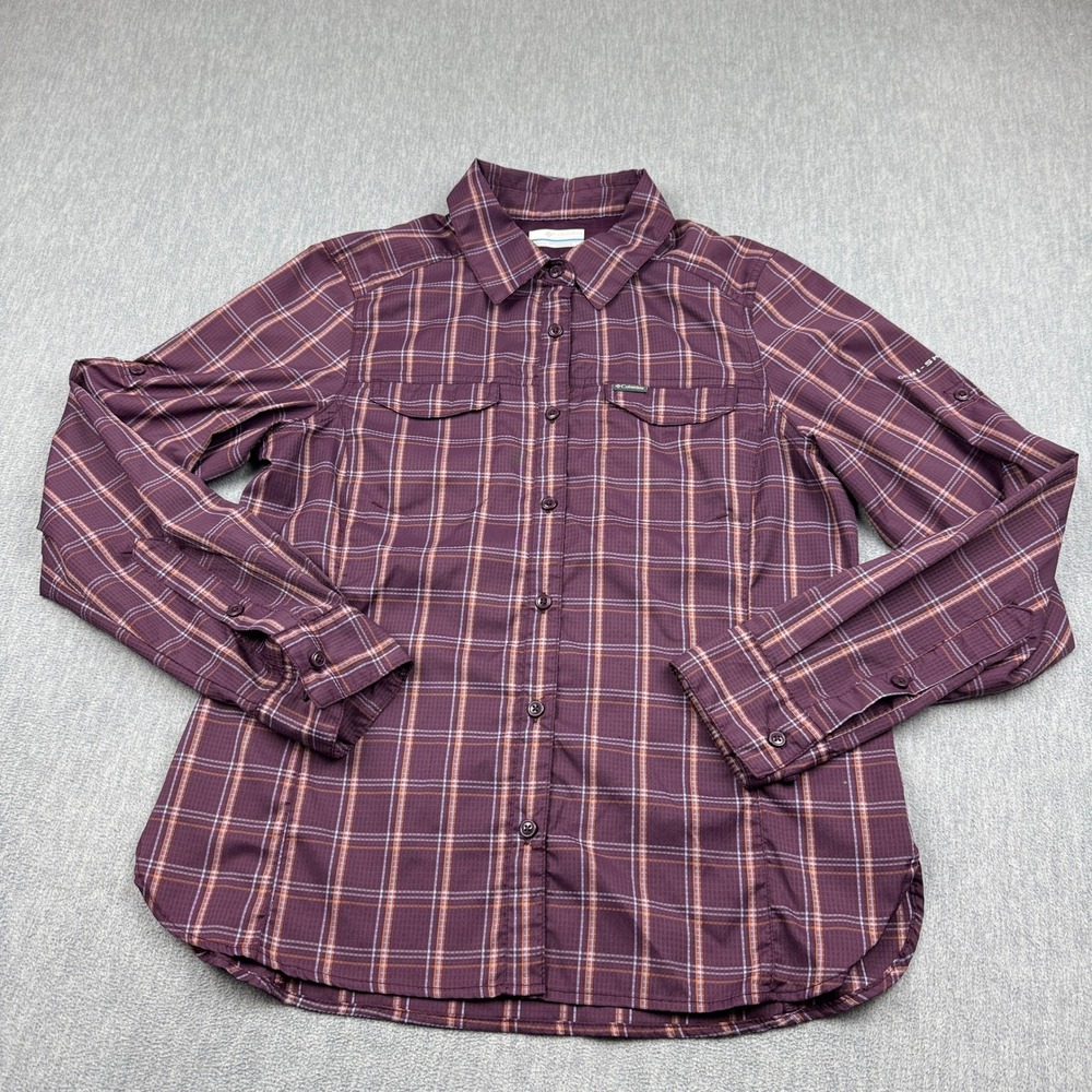 Columbia Shirt Womens Medium Purple Omni-Shade Plaid Button Up Hiking Outdoor